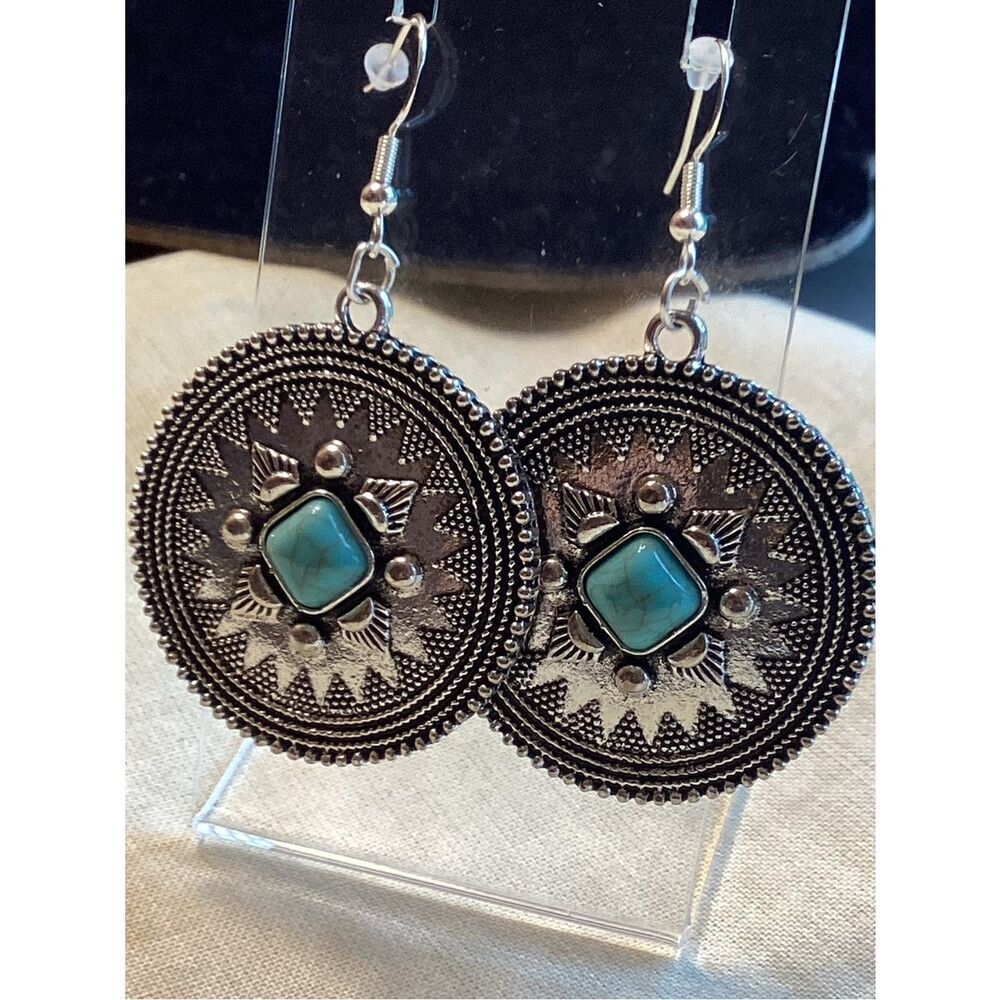 NWOT. Faux Turquoise Center Silvertone Earrings with Sterling Silver Wires